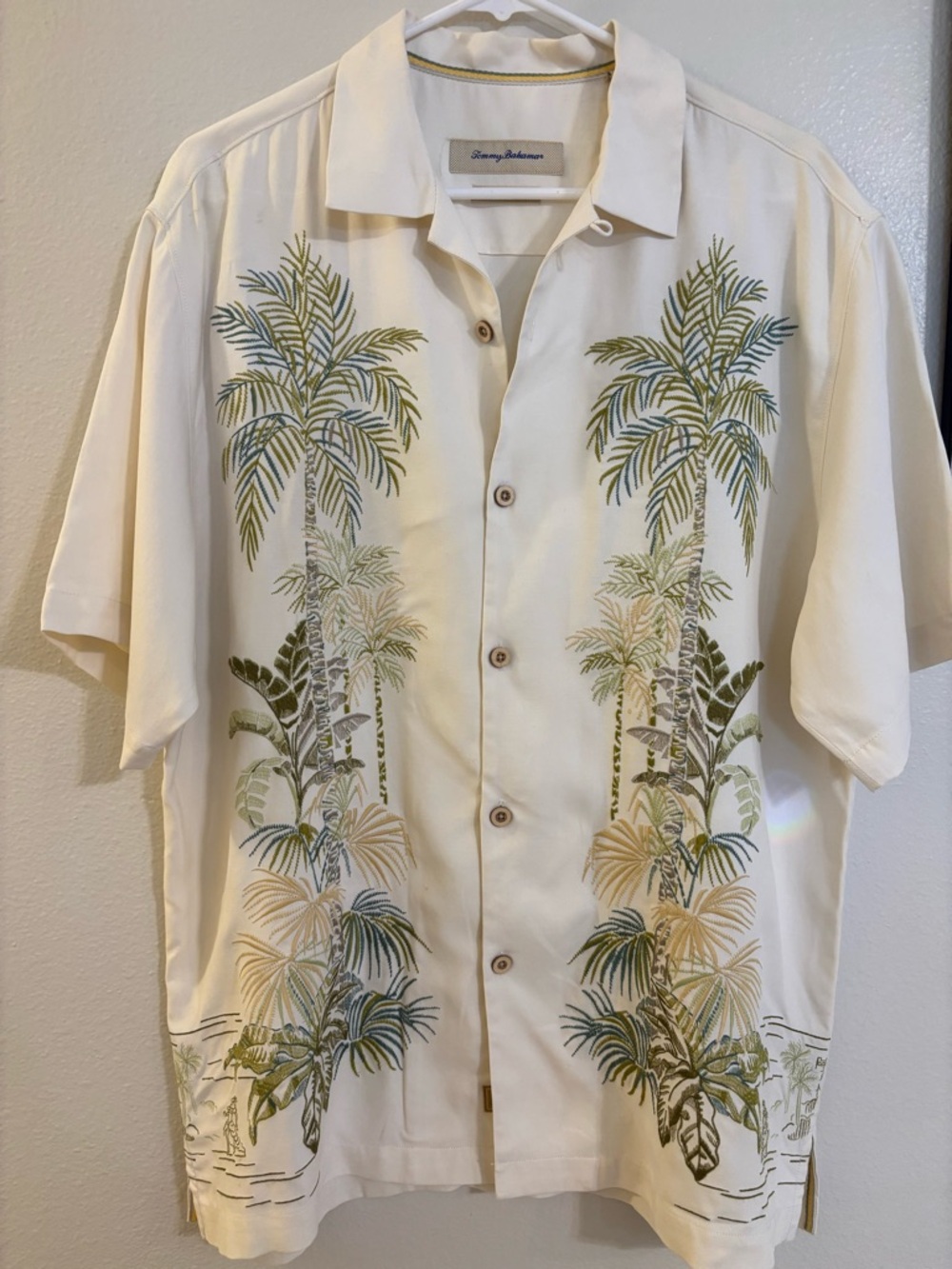 Tommy Bahama 100% Silk Shirt Palm Tree Embroidered Cream Medium Original Fit